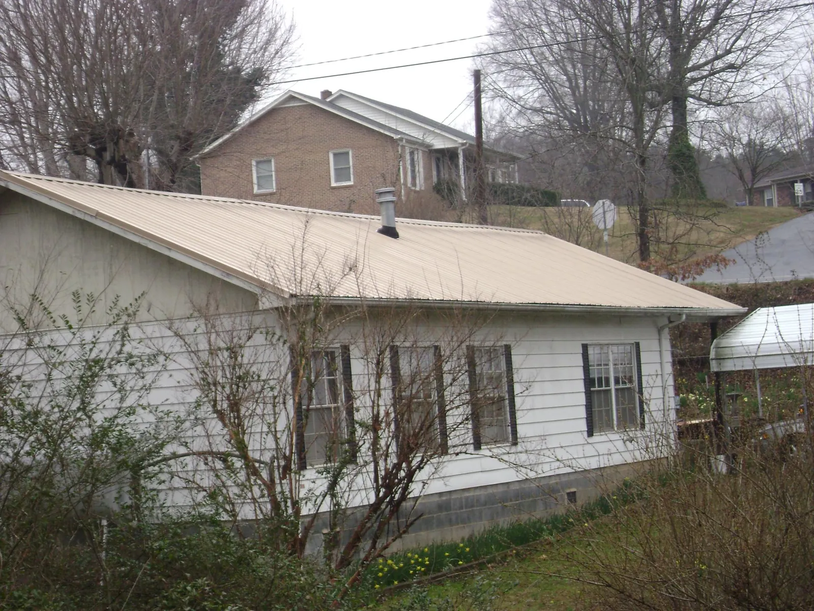 Tan metal roof on a white sided house set into a hillside — Commercial Roofing by Roofing Brothers in Woody Creek